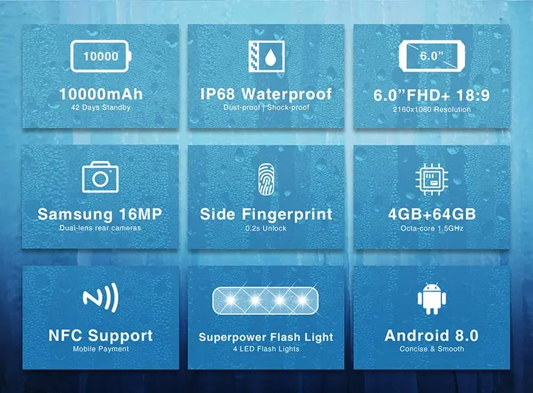 OUKITEL WP2 4GB RAM 64GB ROM MTK6750T 1.5GHz Octa Core 6.0 Inch Incell Corning Gorilla Glass FHD+ Screen Dual Camera IP68 Waterproof Android 8.0 4G LTE Smartphone