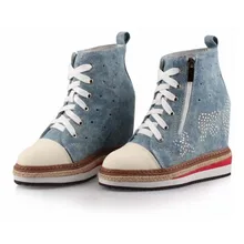 Г. удобная обувь на скрытой танкетке, на платформе, увеличивающая рост, с высоким верхом, на шнуровке, на молнии, из джинсовой ткани, со стразами, повседневная обувь