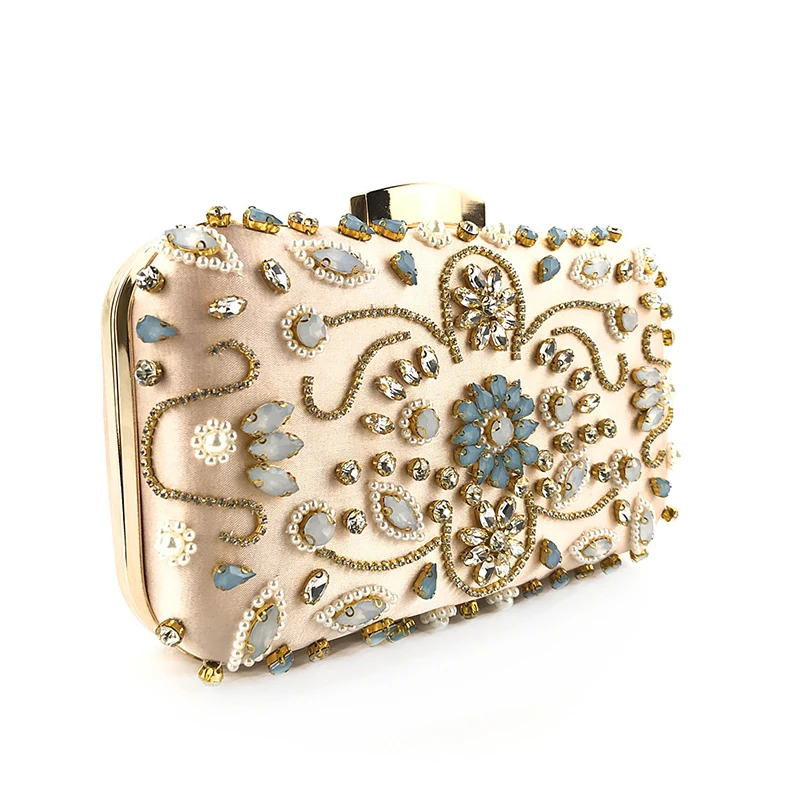 Luxy Moon Gold Satin Floral Clutch Bag Side View