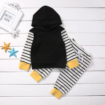 

Newborn Baby Girl Boy Hoody Hooded Sweatershit Black Long Sleeve Tops+ Striped Pants Outfits Cotton Baby Set Clothes 2pcs