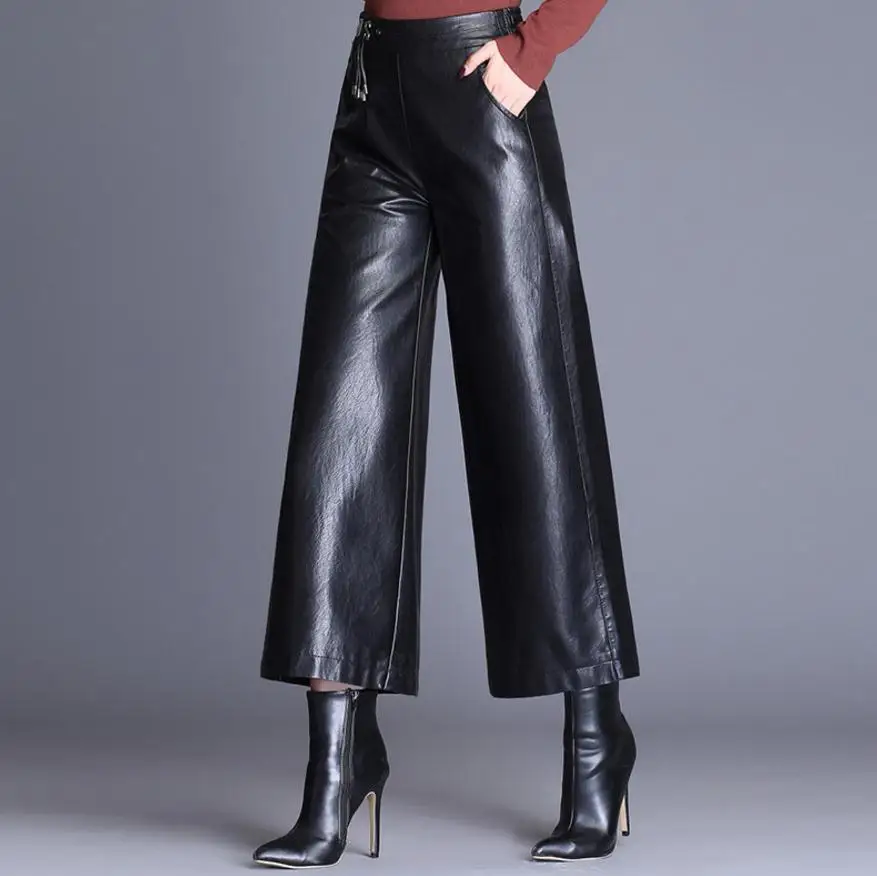 S-3XL женские кожаные штаны длиной до щиколотки, широкие, осень и зима, свободные, с высокой талией, для отдыха, ПУ кожа, штаны wj1371