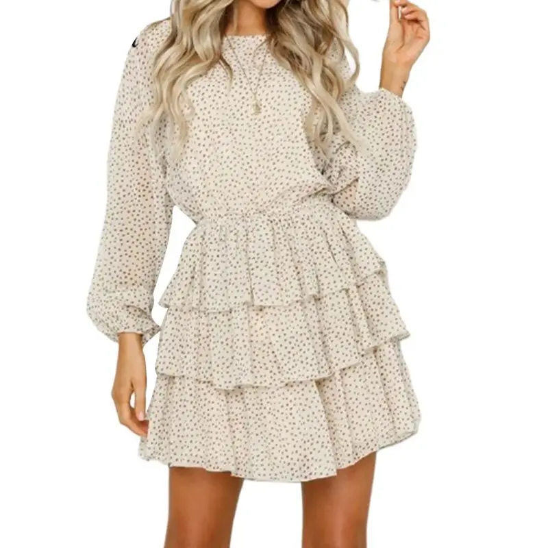 

Womens Long Bubble Sleeves Evening Party Midi Swing Cake Dress Vintage Polka Dot Hollow Backless Tiered Ruffles Beach Sundress