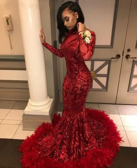 red long prom dresses 2019 mermaid long sleeves