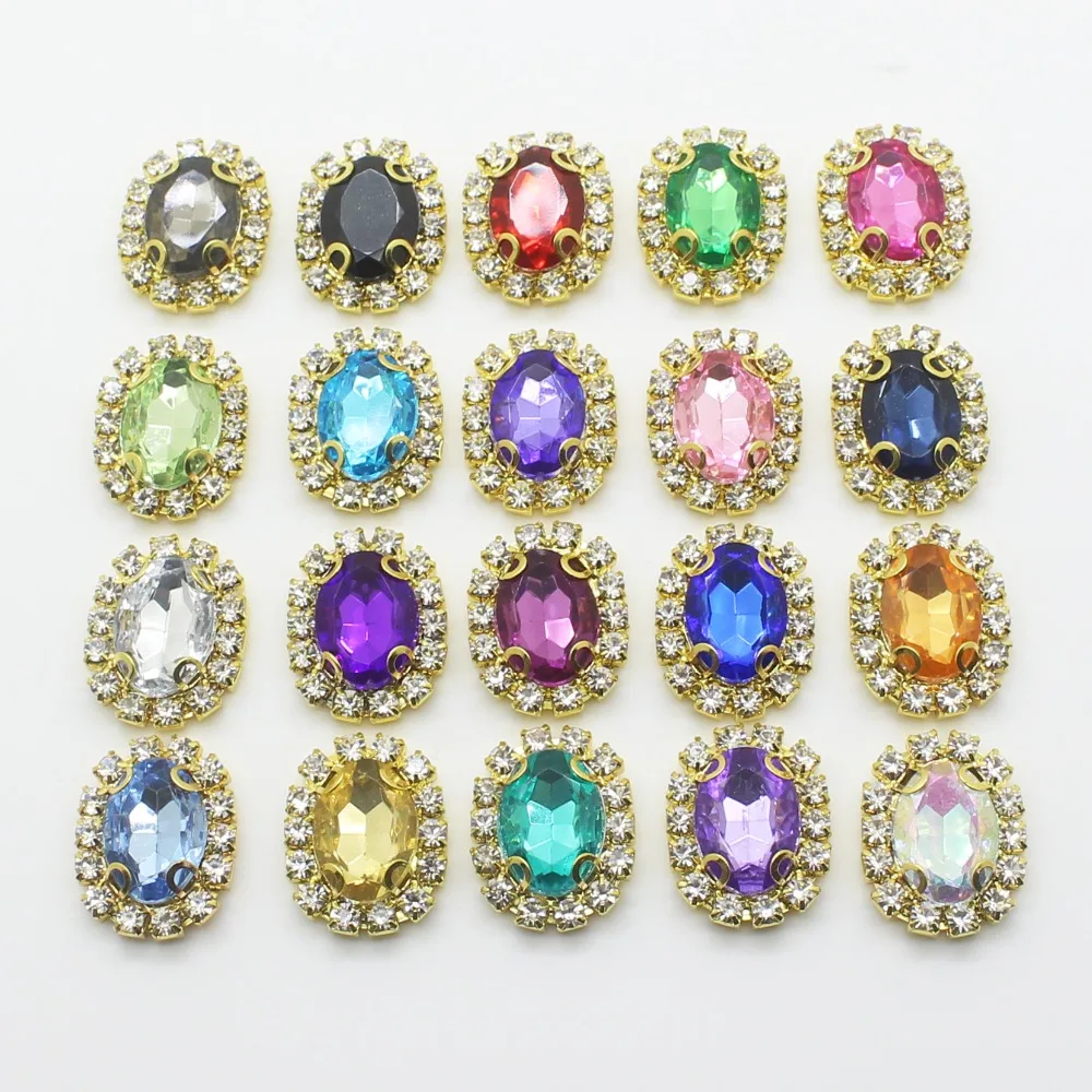 LKERAN 10pcs/lot 16*20mm oval Metal Buttons Rhinestone acrylic button Golden 4-hole sewing DIY Handwork clothing decoration 6