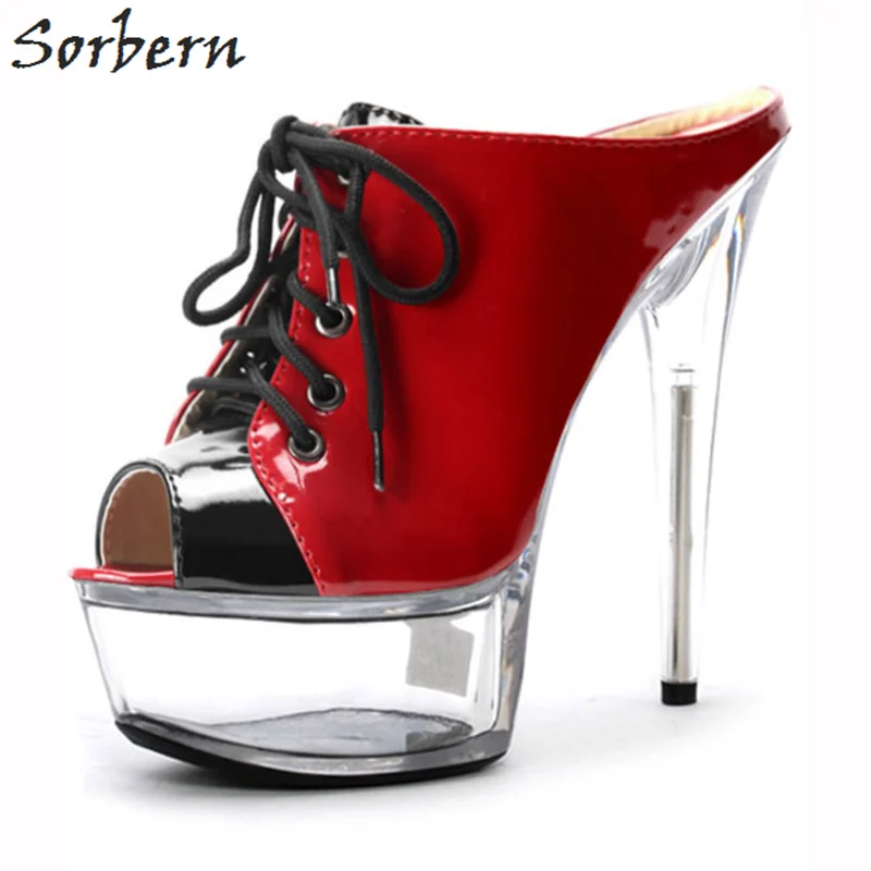 

Sorbern Women Slippers 2018 Clear Heels Lace Up Peep Toe Patent Leather Fashion Ladies Party Slippers Custom Made 15cm Heels