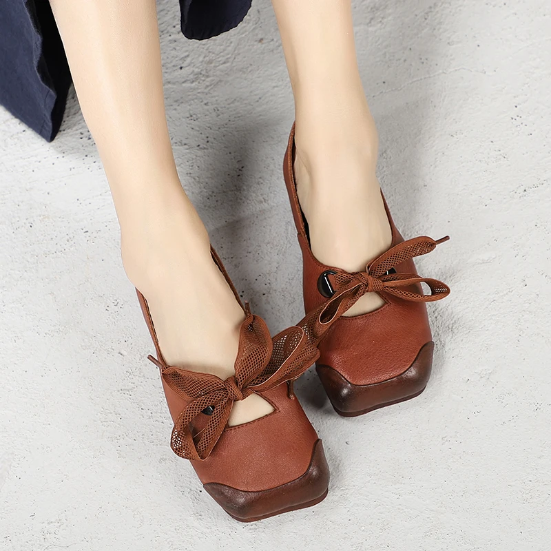 

New Bow-knot Design Shoes For Women Handmade Natural Leather Lady Flat Shoes Square Toe Female Sweet Shoes Flats