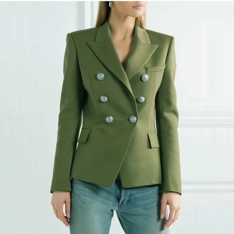 

HIGH QUALITY New Fashion 2019 Designer Blazer Jacket Women's Lion Metal Buttons Double Breasted Blazer Outer Coat Green