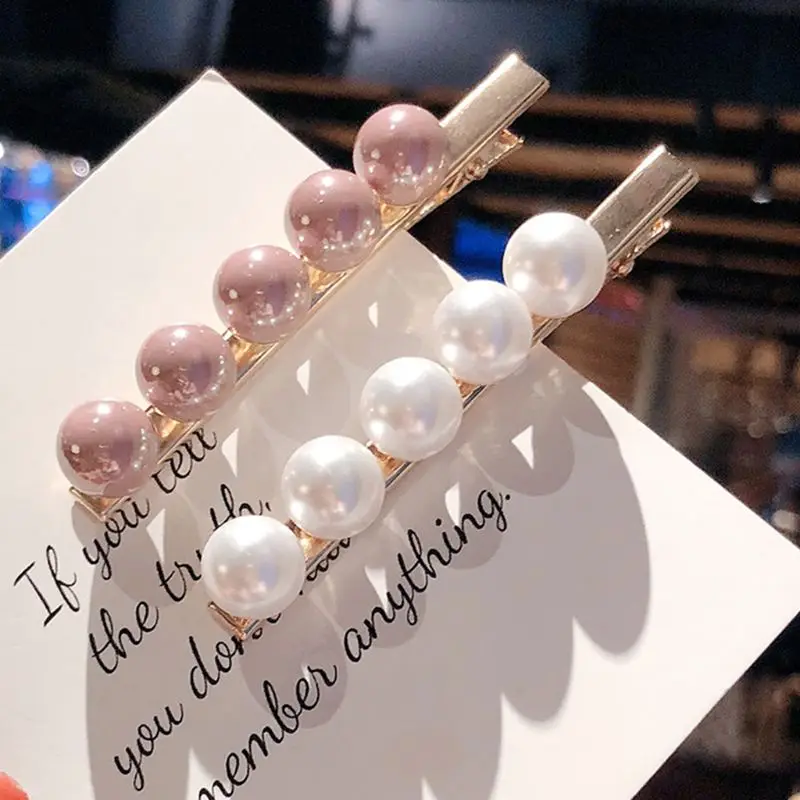 Women Minimalist Style Metal Alloy Straight Duckbill Hair Clips Round Peas Ball Faux Pearl Decor Hairgrips Glitter Metallic Barr