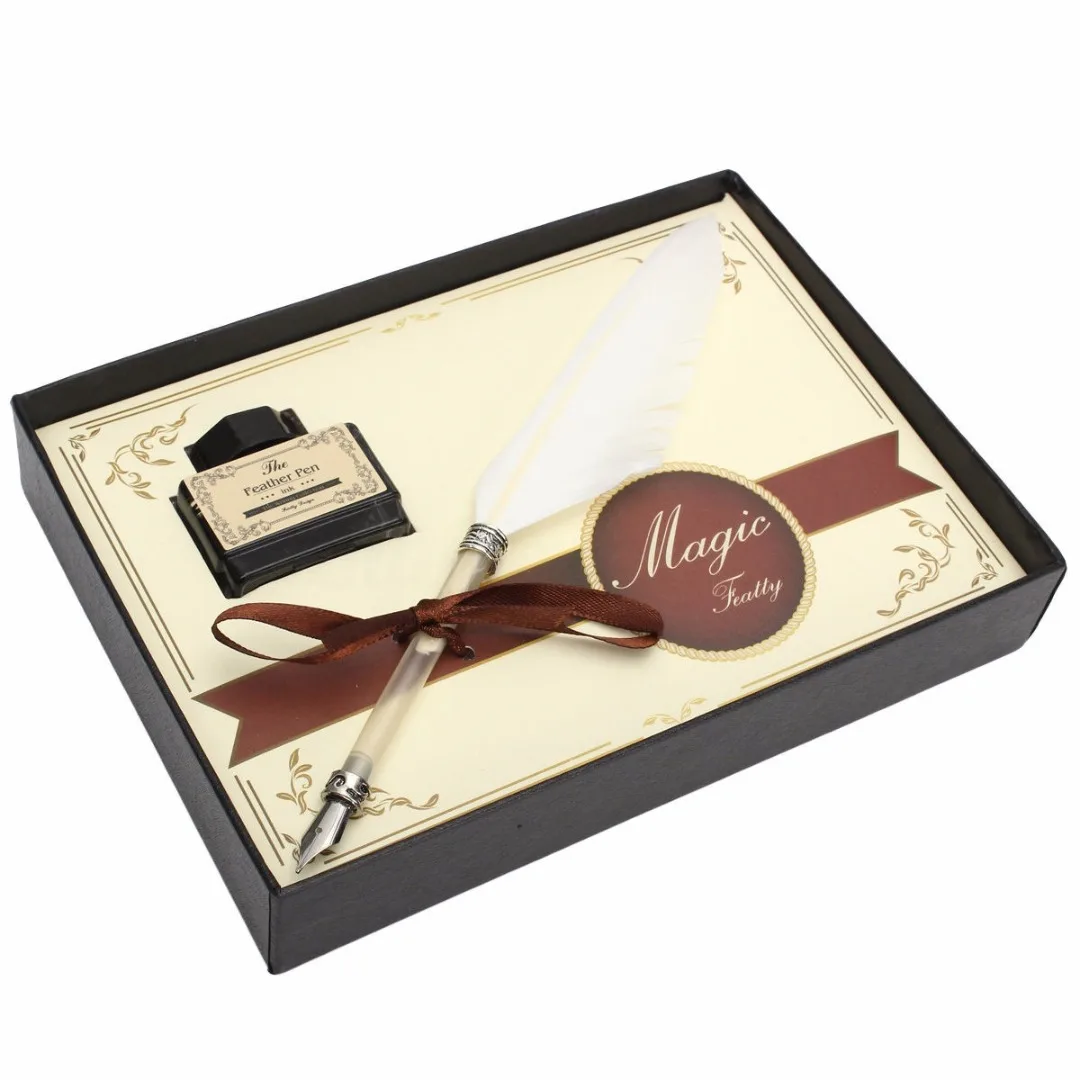 New Feather Quill Metal Nib Brown Dip Pen Writing Ink Set With Box Gift 21 x 0.5cm