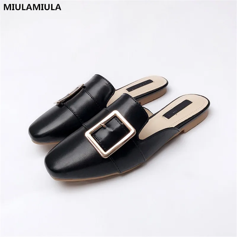 

MIULAMIULA Brand Designers 2019 New Fashion Square Metal Buckle Woman Slipper Flat Leather Slides Slip On Loafers Mules 35-40