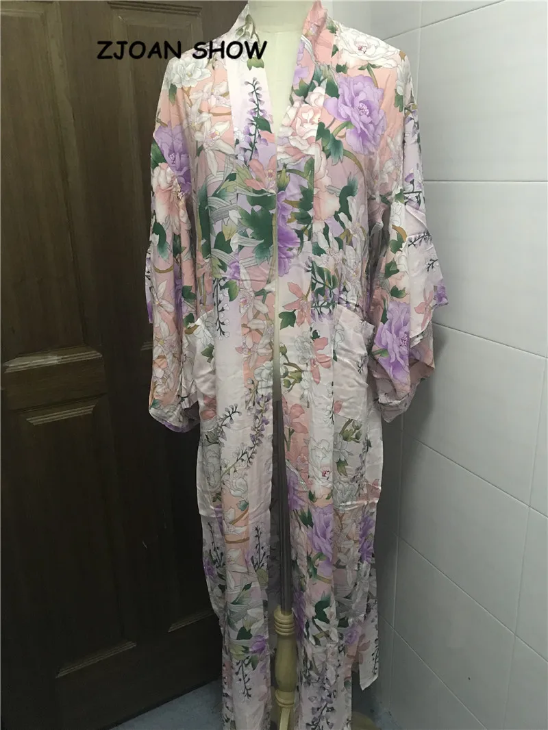 Новинка, женское богемное длинное кимоно с v-образным вырезом и ярким цветочным принтом, богемная рубашка, этнический кардиган с поясом, свободная блузка, топы