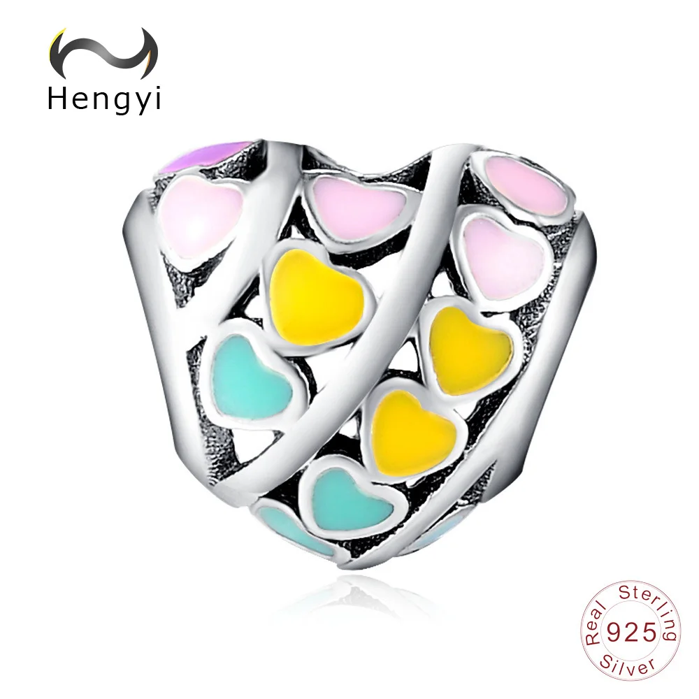 Hengyi Мода 925 пробы серебро Красочные форма персикового сердечка бусинами Fit Для женщин браслеты сделай сам