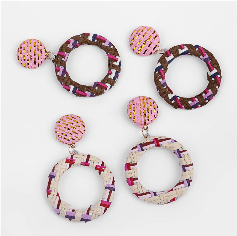 

THRWELL Circle Handmade Rattan Straw Weave Pendant Earrings for Women Geometric Statement Earrings Women Fashion Jewelry Gift