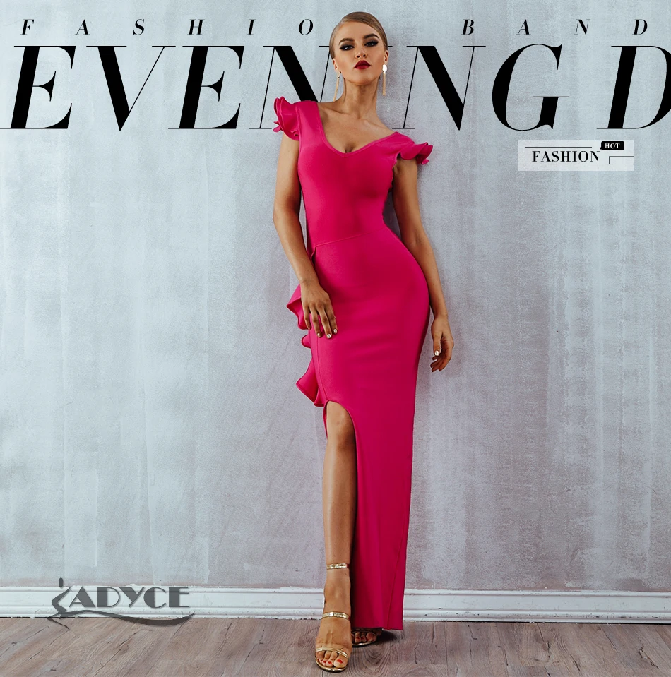 Женское длинное бандажное платье ADYCE, облегающее платье насыщенного розового цвета с оборкой, в стиле звезд, для клуба и вечеринки, для лета
