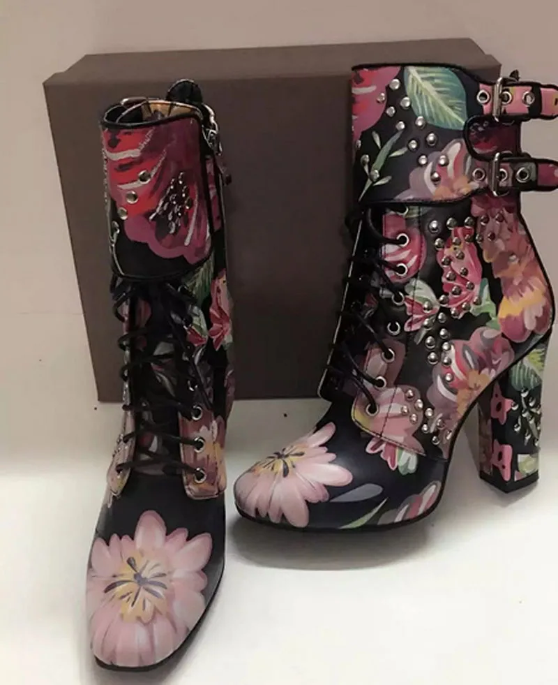 

2017 New Floral Printed Leather Metal Rivets double Buckled Ankle Boots Women Autumn Chunky High Heels Short Martin Bottins