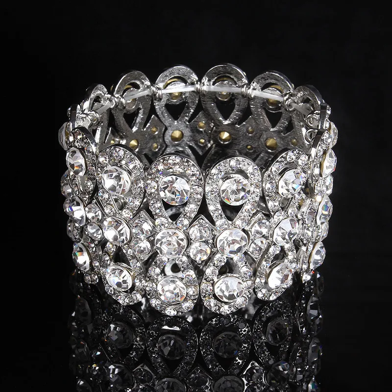 Luxury retro alloy Silver Color Bangle Bracelet Crystal Wide Rhinestone Bridal Wedding Accessories Party Jewelry MY406  Украшения | Bangles -32990530953
