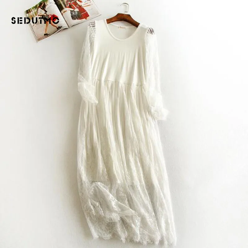 

SEDUTMO 2018 Spring Gauze Lace Dress Women Tunic Modal Basic Long Dresses Summer Mesh Sexy Party Beach Dress ED205