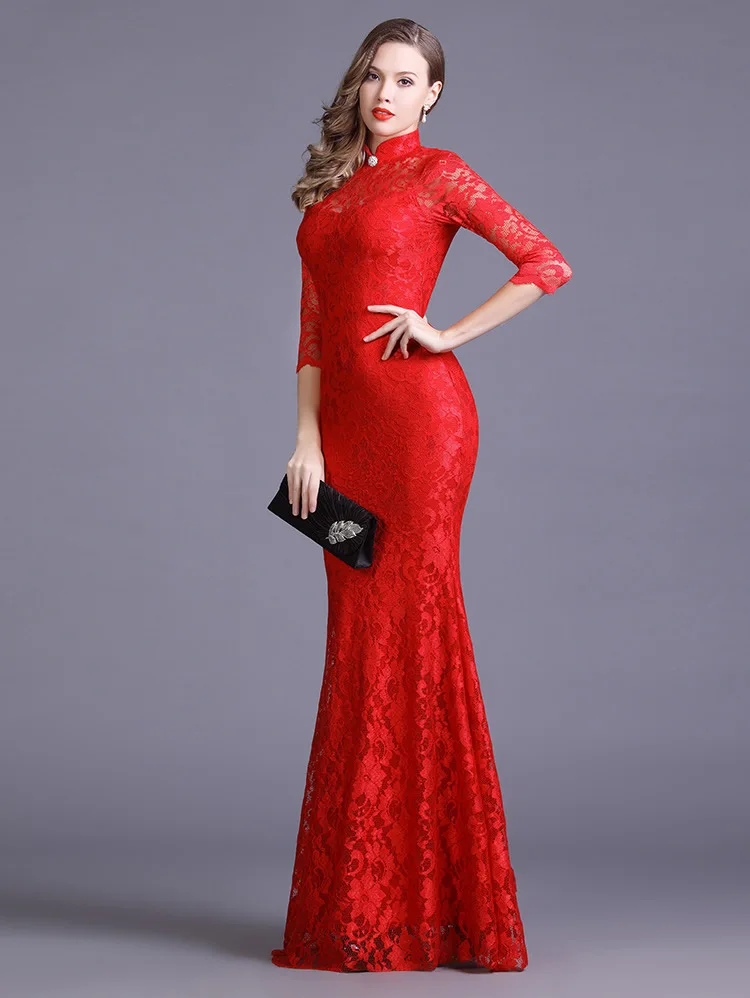 Эластичное кружевное длинное китайское вечернее платье Qipao, элегантное женское свадебное вечернее платье, красное платье-Русалка Cheongsam, Сексуальное Дешевое Qi Pao Chipao