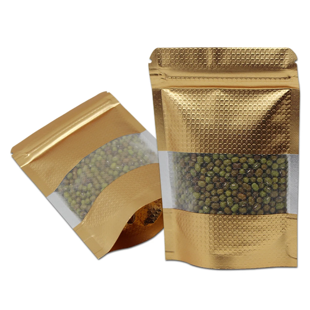 

100Pcs/Lot Gold with Window Stand Up Aluminum Foil Lines Ziplock Self Seal Food Storage Doypack Coffee Tea Snack Party Pouch Bag