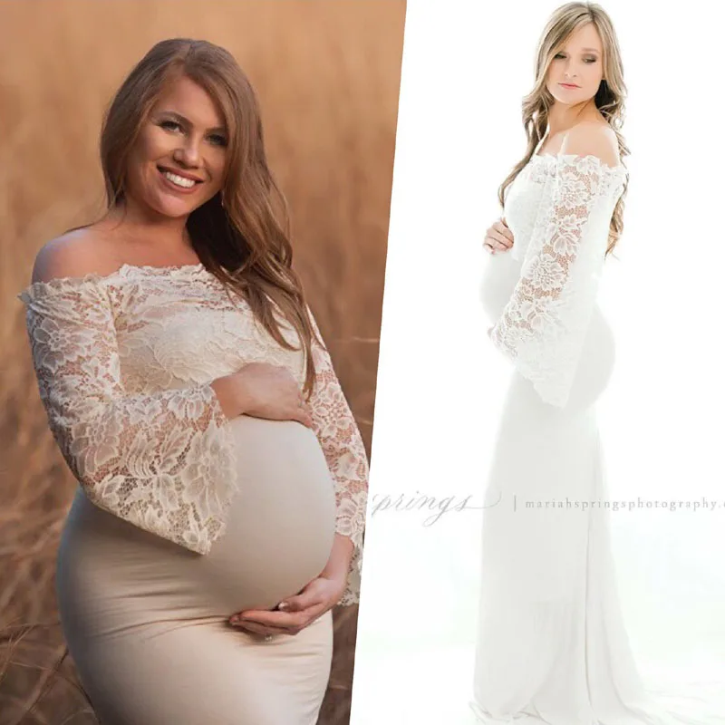 

Lace Top Shoulderless Maternity Photography Props Clothes For Pregnant Women Tailed Pregnancy Maternity Dresses For Photo Shoot