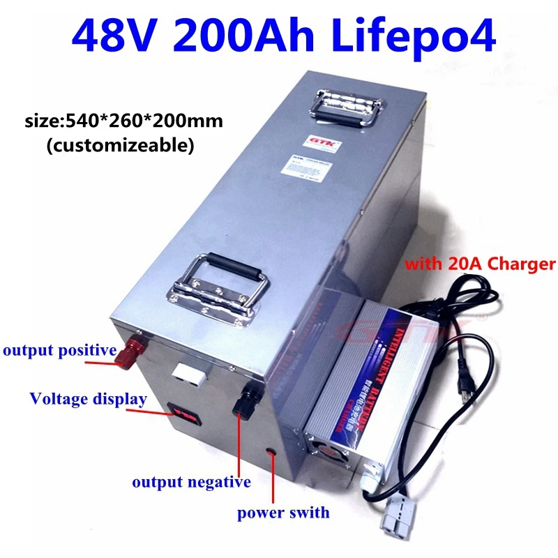 

steel case 48V 200Ah 180Ah 160Ah 150Ah 130Ah 120Ah 100Ah Lifepo4 battery for 5000w motorhome solar system boat RV+10A Charger