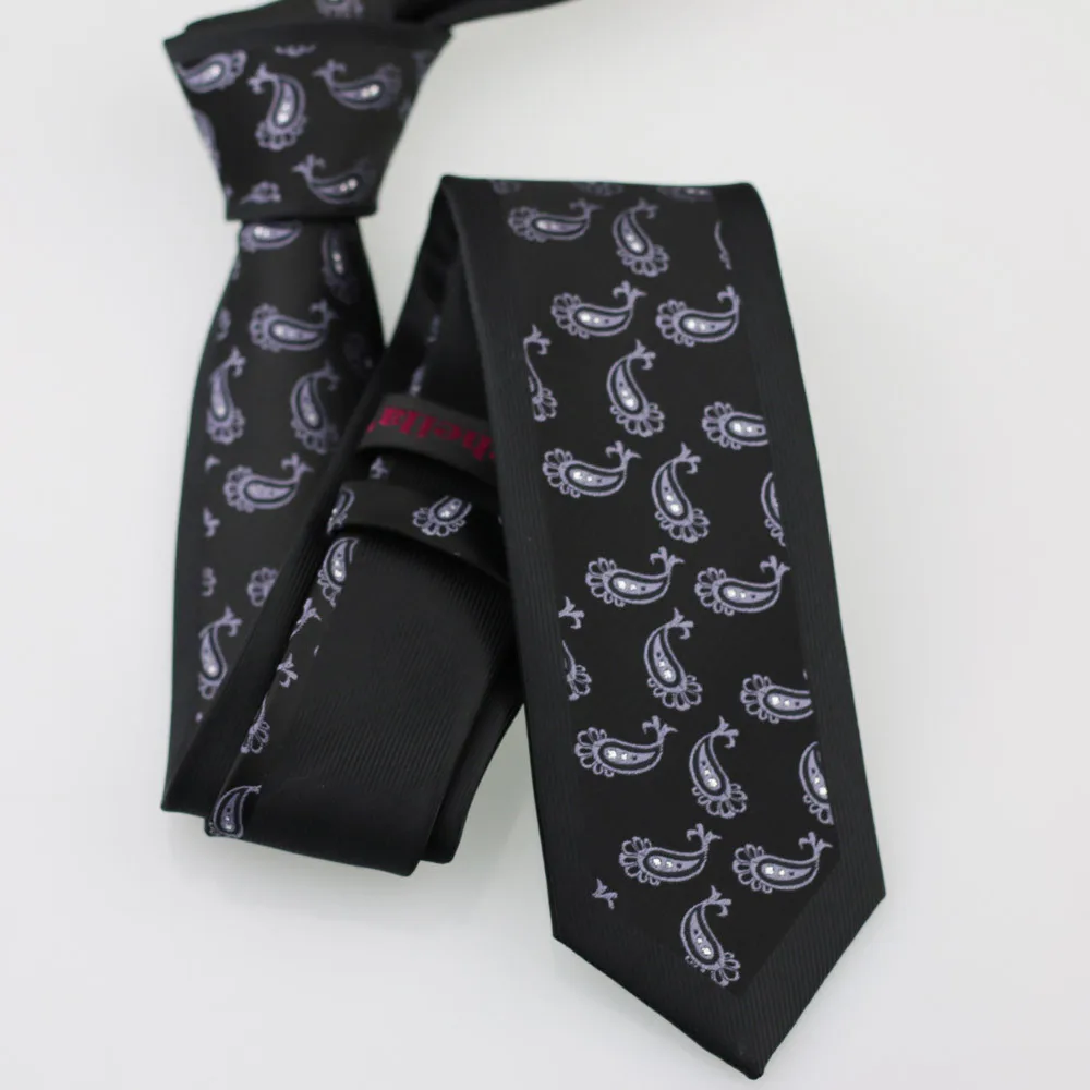 YIBEI coahella галстуки черный галстук тощий кайма с железно-серым Пейсли Цветочный шейный платок из микрофибры Тонкий шейный галстук Gravata Masculina