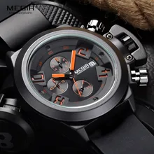 Megir Fashion Mens Silicone Band Sport Quartz Wrist Watches Analog Display Chronograph Black Watch for Man with Calendar 2002 megir quartz watch for man chronograph luminous hands waterproof mens wristwatches fashion large dial calendar leather band