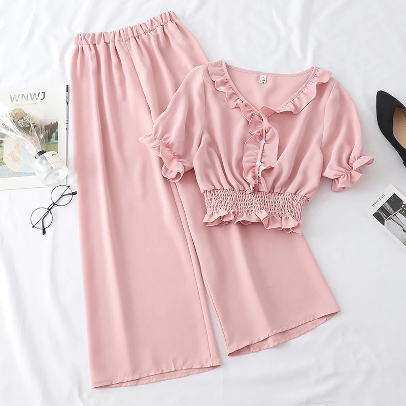 

Amolapha Women Soild Ruffles Short Blouse + High Waist Wide Leg Pants 2PCS Chiffon Sets Solid V Neck Two Piece Set Suits