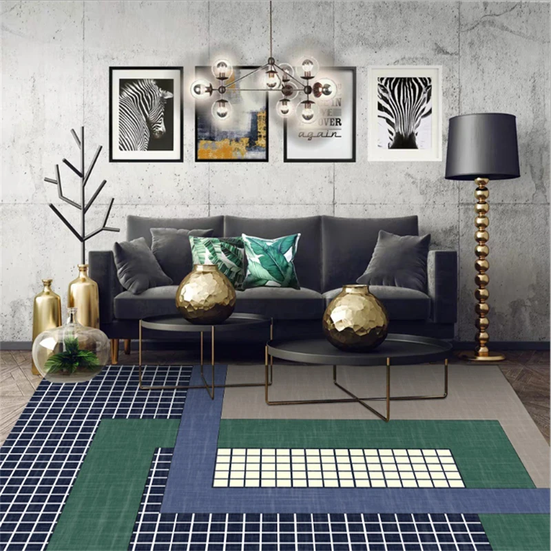 Area Rug for Living Room European and American Blue Plaid Carpet Area Rug for Bedroom Non-slip and Anti-wrinkle Floor Mat