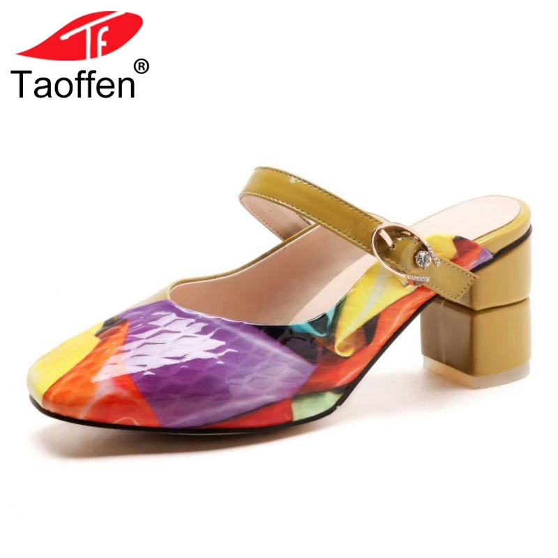 

TAOFFEN Cow Genuine Leather Women Sandals Colorful Print Slippers Square High Heels Summer Shoes Party Shoes Woman Size 33-40