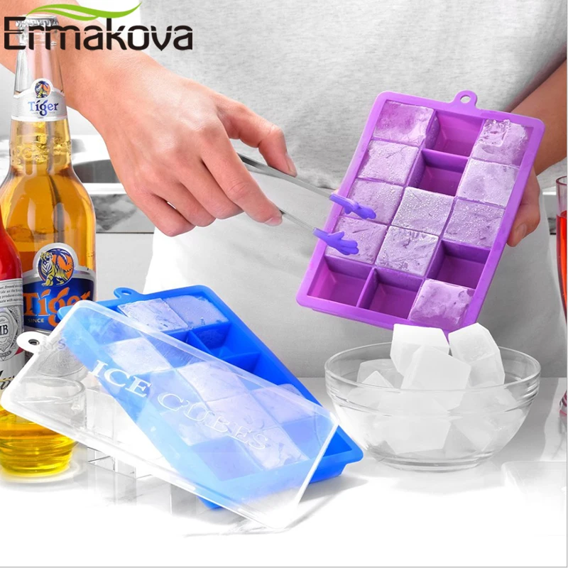 ERMAKOVA Silicone Ice Cube Mold Tray with Lid Easy Release Square Ice Tray Mold Holder Ice Cream Maker Jelly Pudding Mold