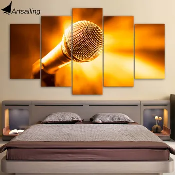 

ArtSailing HD Print 5 Piece Canvas Art Golden Music Microphone Posters and Prints Pictures Wall Art Canvas Painting NY-7714C