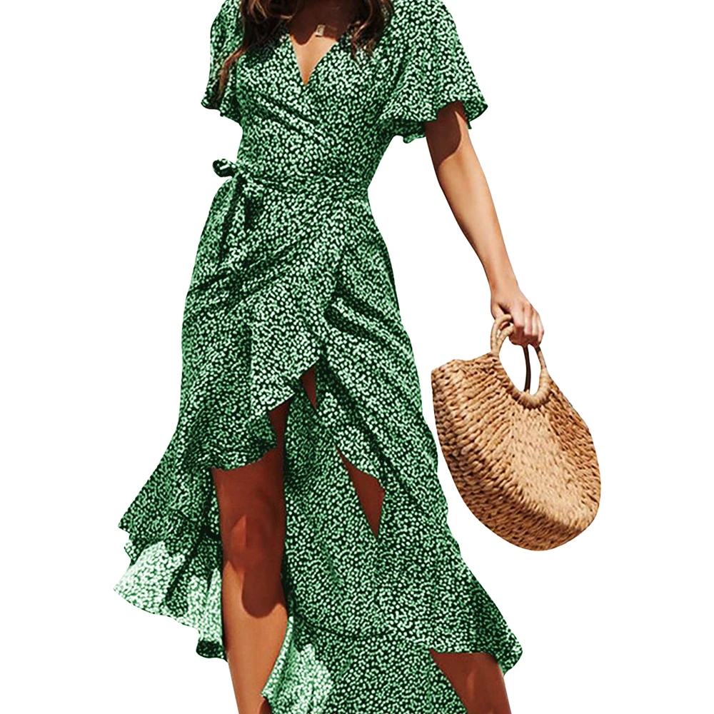 

Summer Dress 2019 Women Chiffon Dress Beach Boho Casual V-Neck Split Party Dress Robe Long Maxi Dress with Sashes