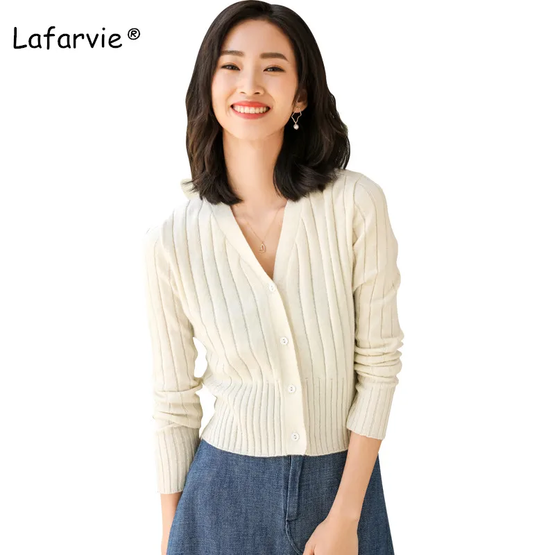 

Lafarvie Wool Blended Knitted Short Cardigan Sweater Women V-neck Single Breasted Slim Fashion Cardigans 4 Colors S-XL Pull Soft