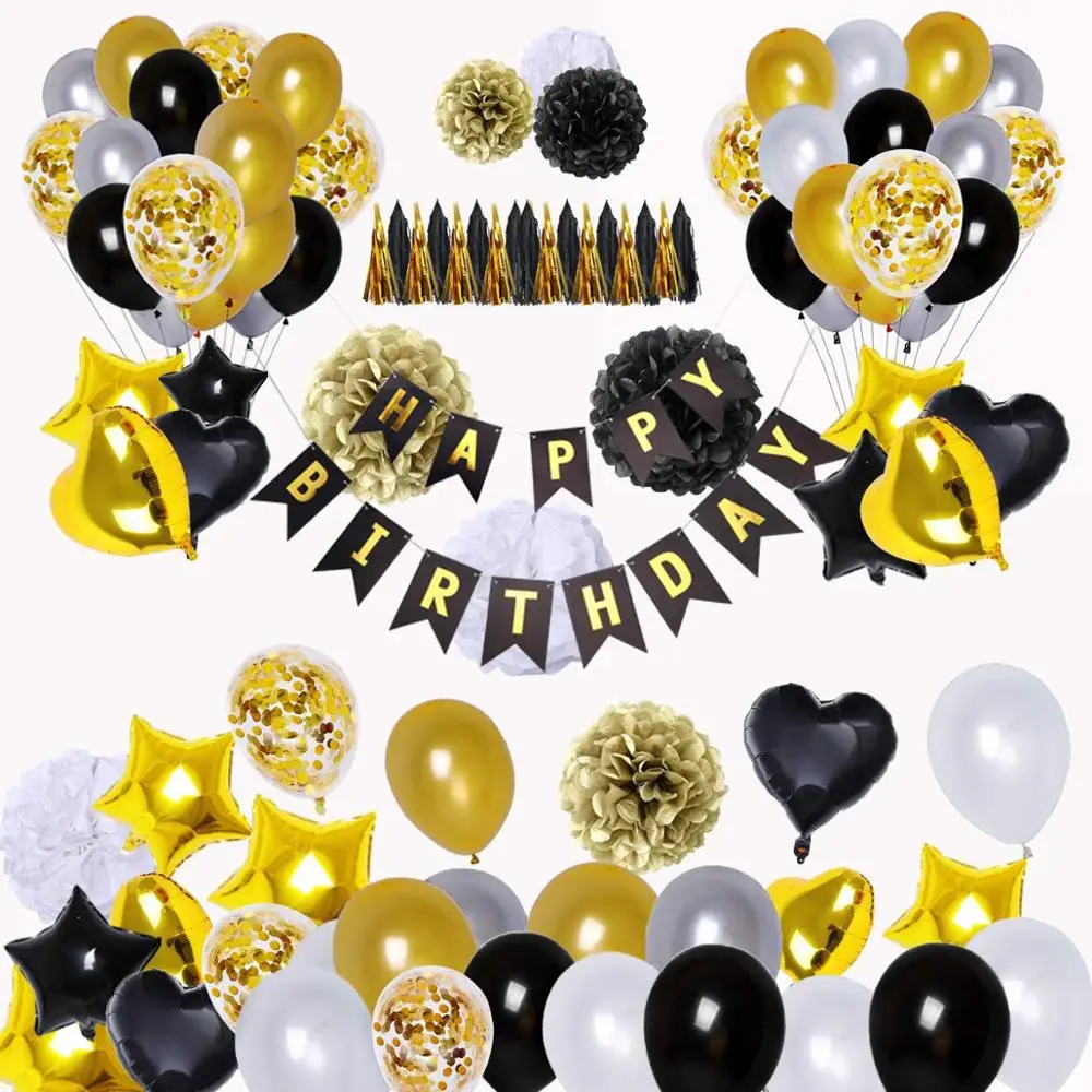 

47pcs Black and Gold Party Decorations Happy Birthday Banner Star Heart Foil Balloons 18th 20 30 40 50th Birthday balloons