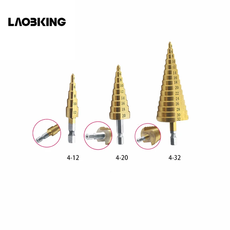 4-12mm/4-20mm/4-32mm Step Drills Cone HSS 4241 Steel Large Titanium Coated Metal Drill Bit Cut Tool Set Hole Cutter Wholesale |