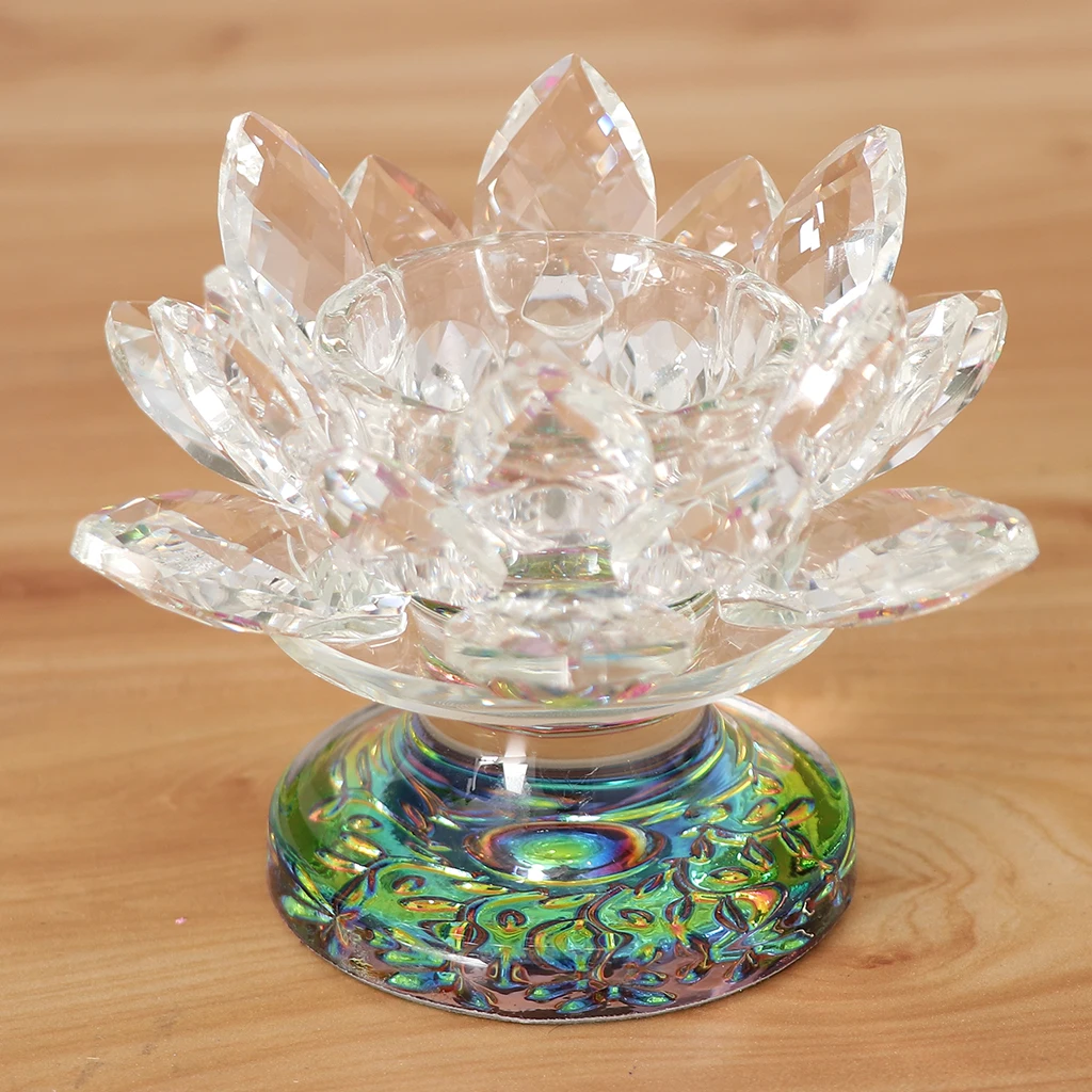 7 Colors Crystal Glass Lotus Flower Candle Tea Light Holder Buddhist Decor