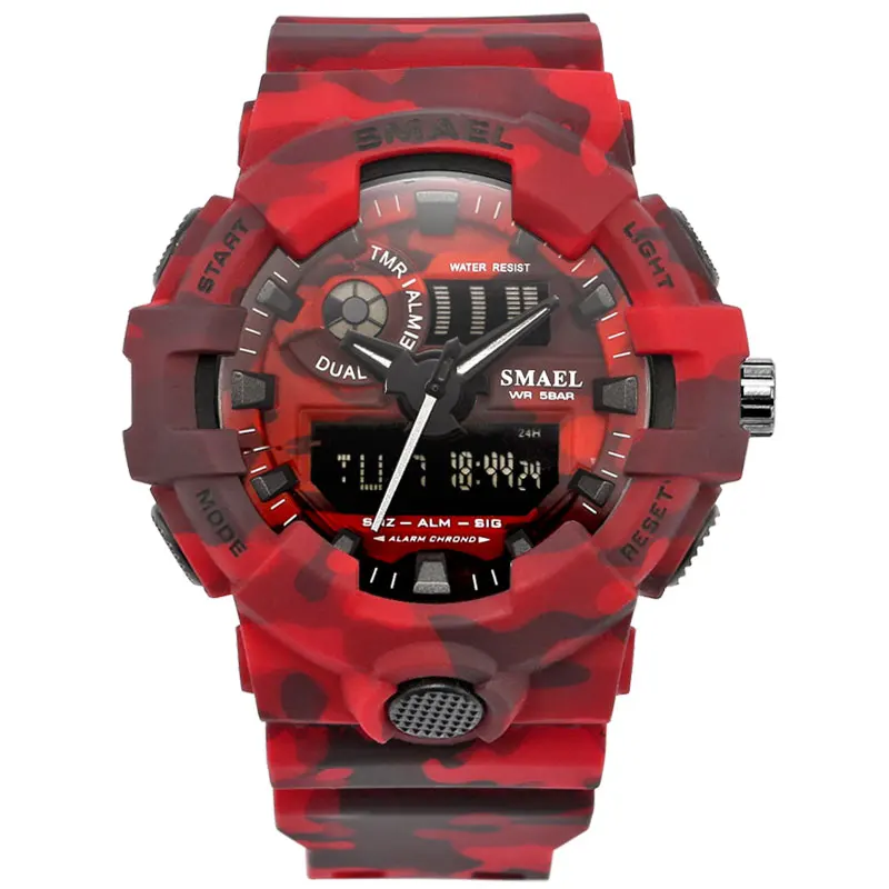 Новые камуфляжные военные часы SMAEL Брендовые спортивные часы светодиодный кварцевые часы мужские спортивные наручные часы 8001 мужские армейские водонепроницаемые часы - Цвет: Red