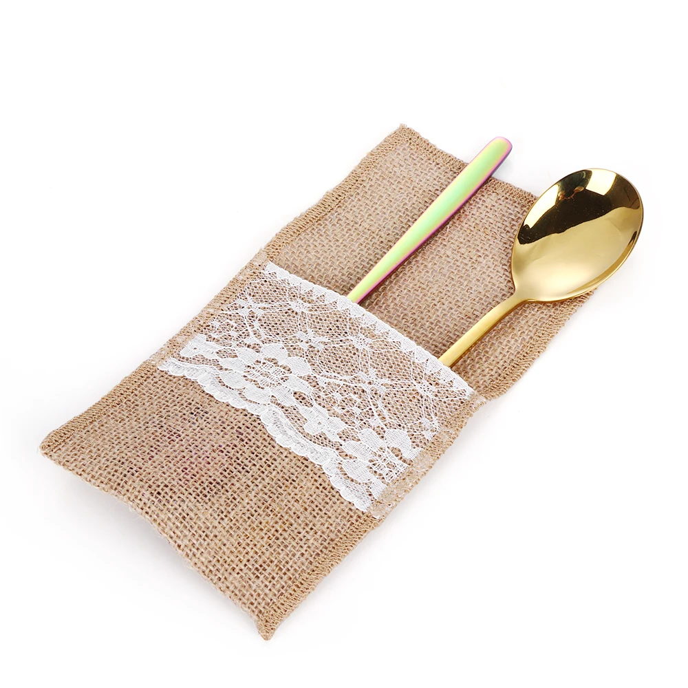 1PC 11*21cm Linen Lace Cutlery Holder Vintage Tableware Spoon Storage