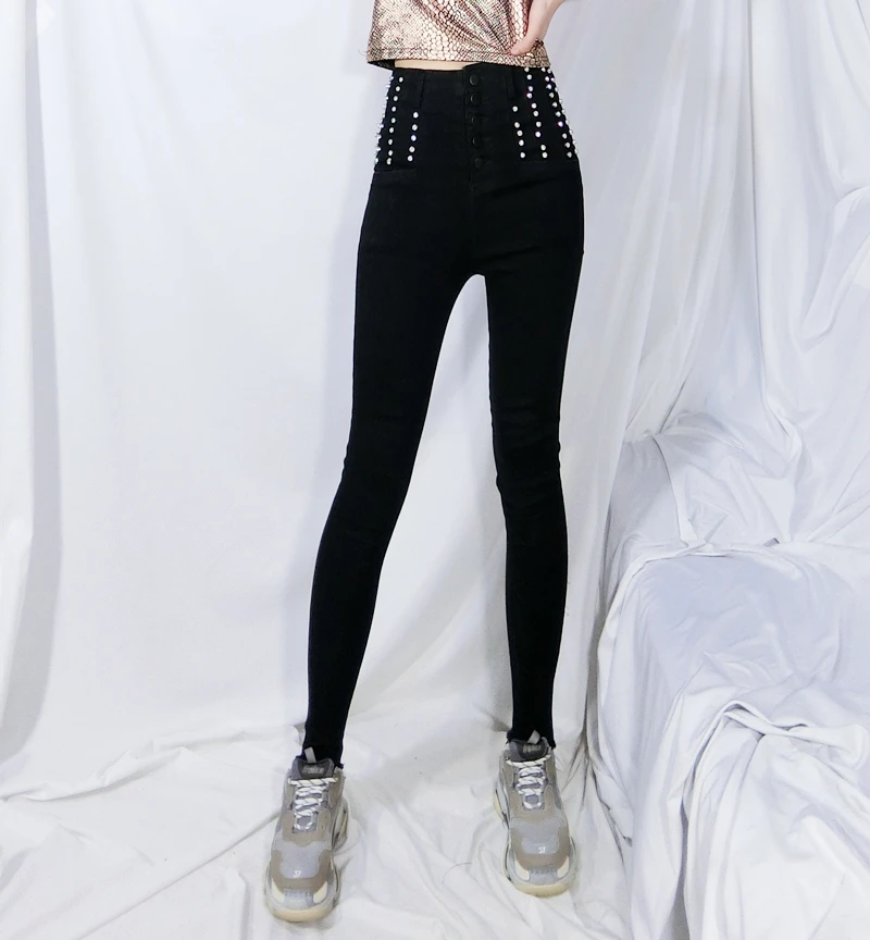 

Sexy Jeans Women Flash Drill Multi-breasted Elasticity Slim High Waist Pants New Fashion Pencil Pants Female