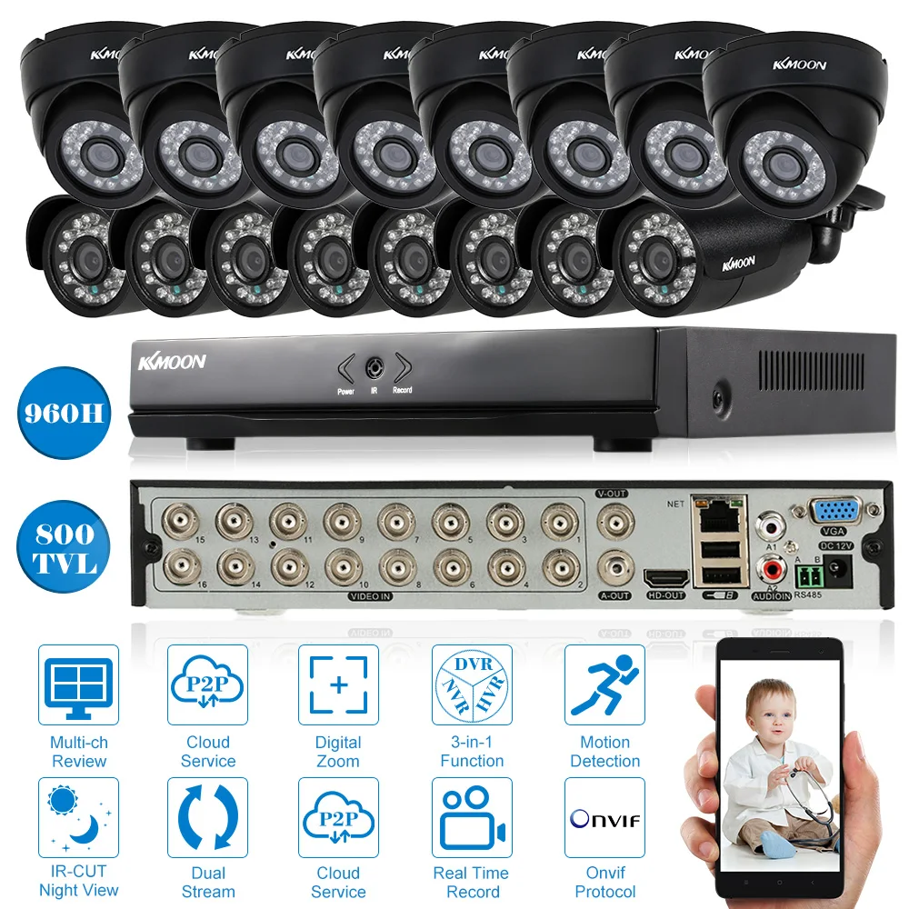 KKMOON 800TVL Outdoor CCTV Camera System 16CH DVR Kit 960H/D1 Onvif