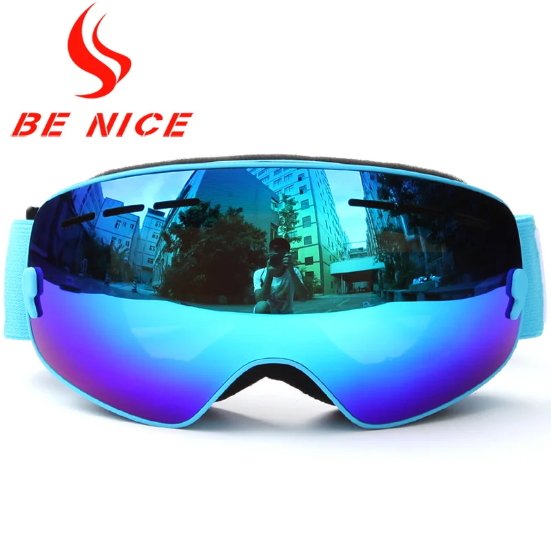 Benice Детские горнолыжные очки Малый Размеры для детей двойной UV400 Анти-туман маска очки Лыжный Спорт Девочкам Мальчикам сноуборд, объектив Poins - Цвет: Blue Frame