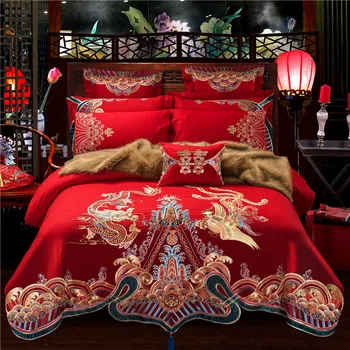 

Red Luxury Golden Oriental Phoenix Dragon Embroidery 100% Cotton Wedding Bedding Set Duvet Cover Bed Sheet Bedspread Pillowcases