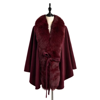 

FURSARCAR Women Wine Red Woolen Cape 2019 New Fashion Female Genuine Fur Shawl With Belt Wrap And Big Real Nature Fox Fur Collar