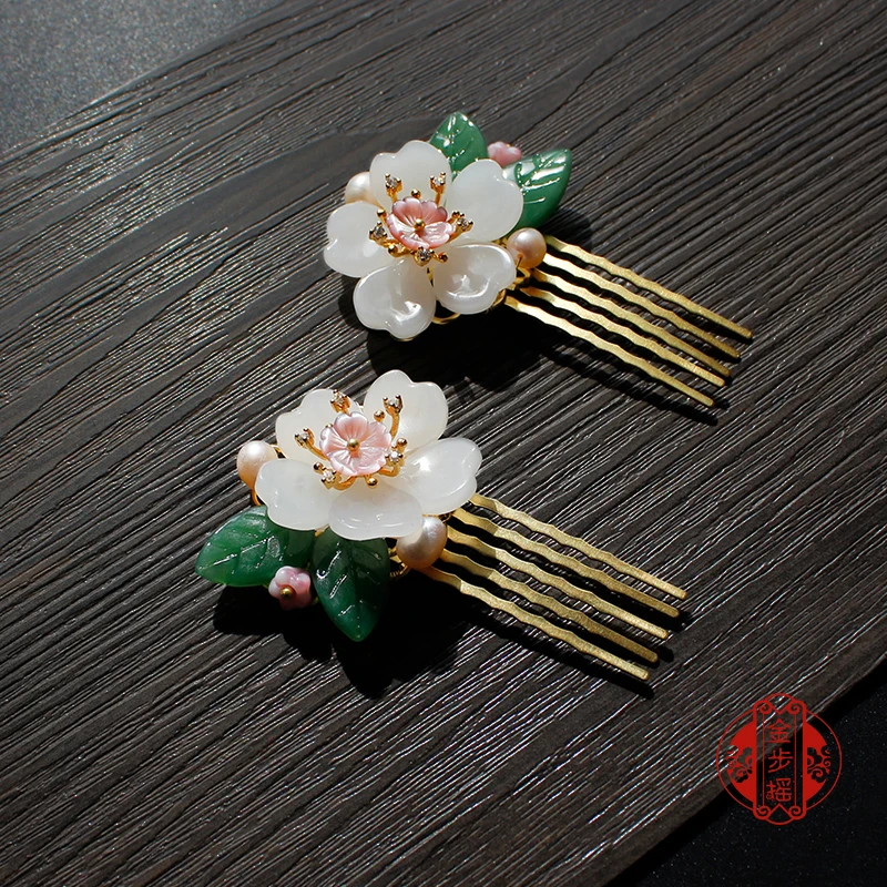 Chinese style vintage pink Cherry blossoms Pearls handmade Hairpin hair Comb hair sticks Hair accessories Headwear for kimono