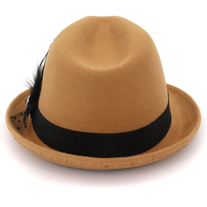 New Pretty Feather Hat For Women Solid Red Black Colors Woolen Felt Caps Ladies Winter Spring Autumn Casual Jazz Hats