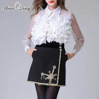 

MIAOQING Elegant ruffled patchwork top for women with long sleeves, lapels and see-through blouses for summer 2019