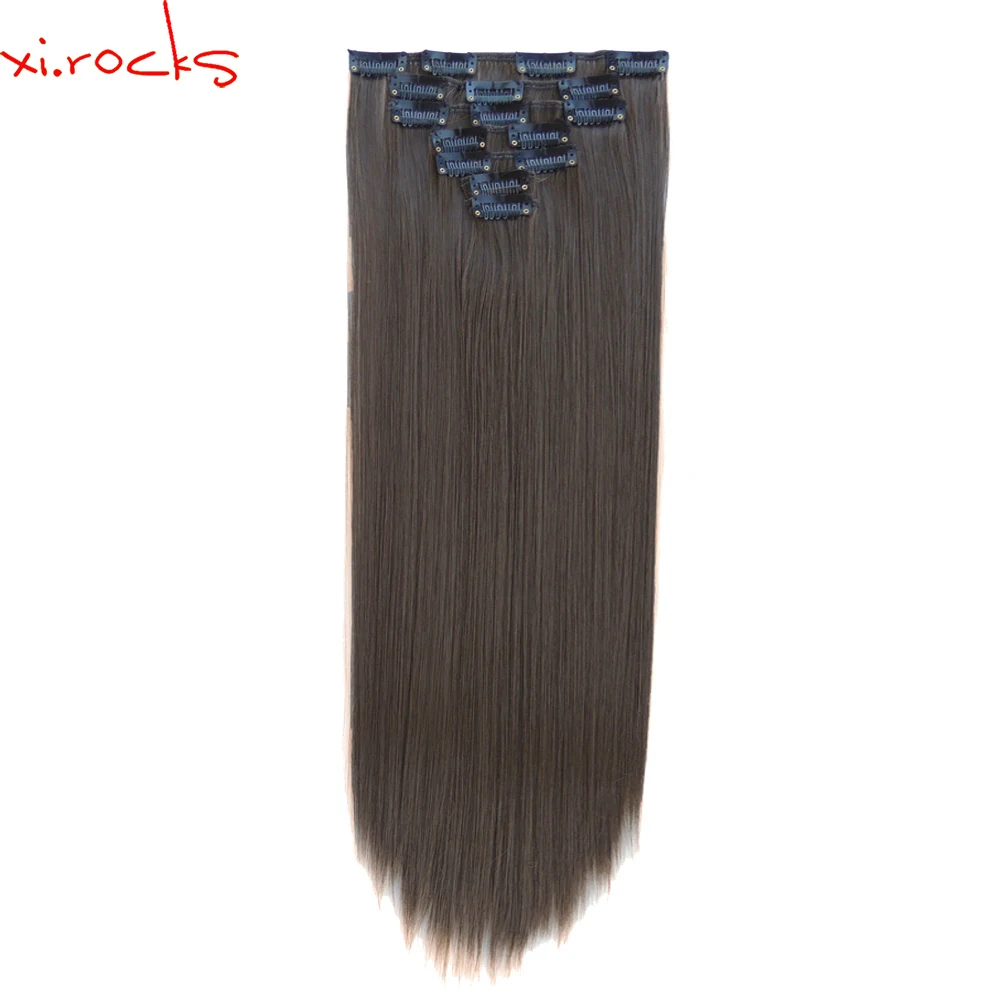

2set 7pcs/set Xi.rocks Synthetic Clip in Hair Extensions 55cm Straight Hairpiece Clips on the Hair Extension 130g Rust Brown 8A