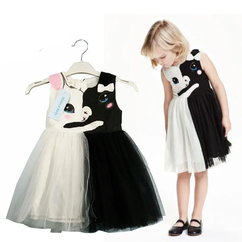 

Girls dress 2019 summer new medium and small children cartoon two-color cat cotton tulle dress dress