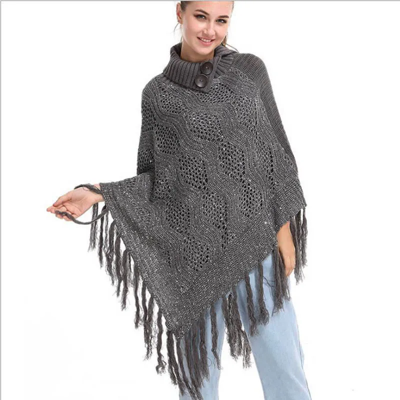 Women High Neck knitted shawl twisted sequin ponchos Autumn Winter